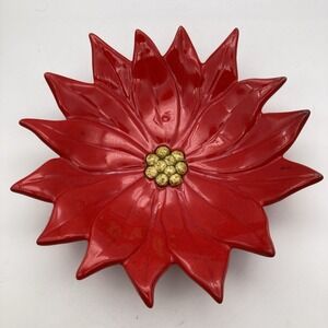 Vintage 1973 Handmade Ceramic Poinsettia Candy Trinket Dish Red Yellow Large